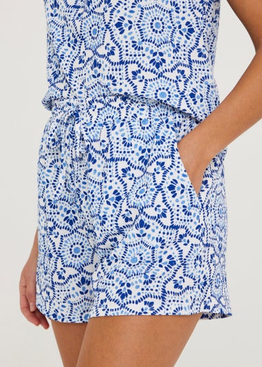 Blue Tile Print Tie Waisted Shorts