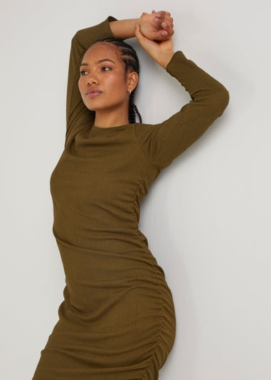 JDY Filona Khaki Ruched Long Sleeve Midi Dress