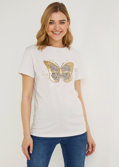 Beige Butterfly Print T-Shirt
