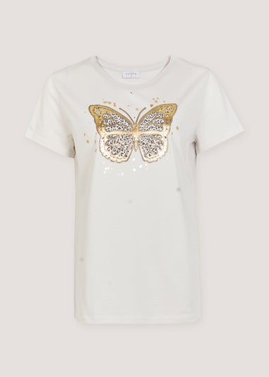Beige Butterfly Print T-Shirt
