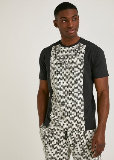 T&W Black Zigzag Print Panel T-Shirt