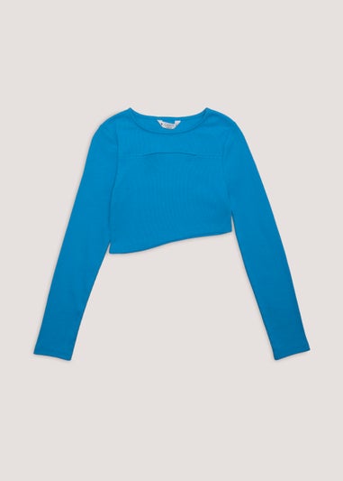 Girls Candy Couture Blue Long Sleeve Cut Out Crop Top (9-16yrs)