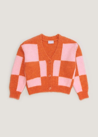 Girls Orange & Pink Check Cardigan (4-13yrs)