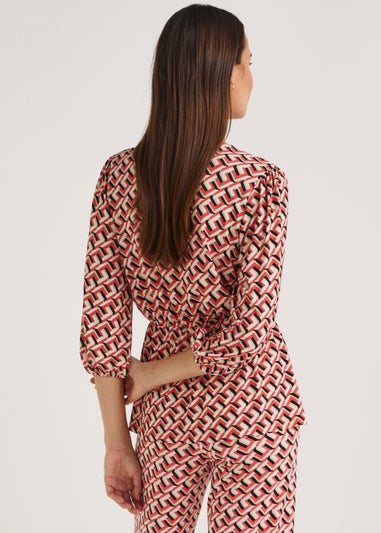 Et Vous Brown Geo Frill Wrap Top