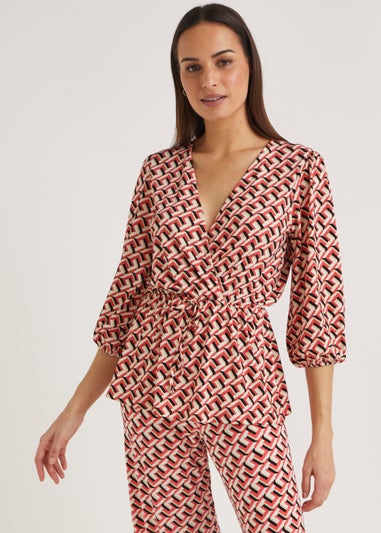 Et Vous Brown Geo Frill Wrap Top