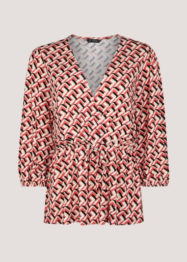 Et Vous Brown Geo Frill Wrap Top