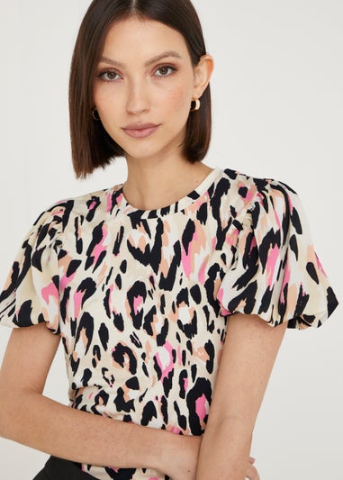 Et Vous Ecru Animal Print Puff Sleeve Woven Top