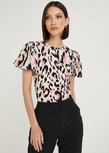 Et Vous Ecru Animal Print Puff Sleeve Woven Top