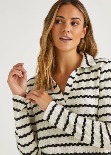 Cream Stripe Textured Long Sleeve Polo Top