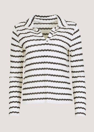 Cream Stripe Textured Long Sleeve Polo Top