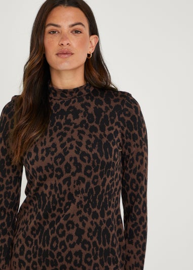 Brown Animal Print Jacquard Midi Dress - Matalan