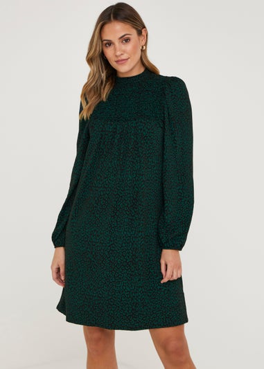 Black & Green Animal Print Shirred Mini Dress