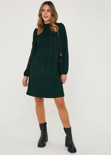 Black & Green Animal Print Shirred Mini Dress