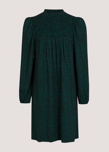 Black & Green Animal Print Shirred Mini Dress