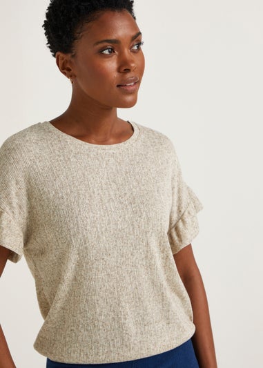 Beige Bubble Hem Frill Sleeve Top