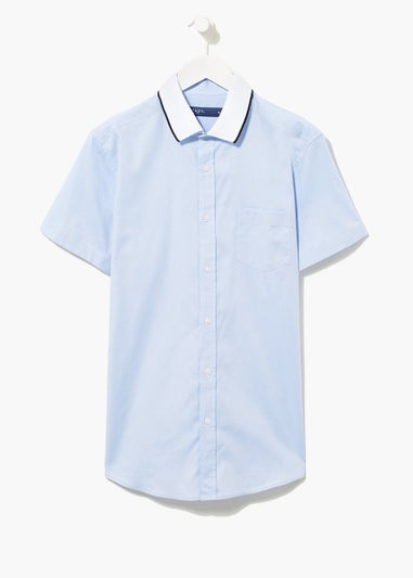 Blue Oxford Knitted Collar Short Sleeve Shirt