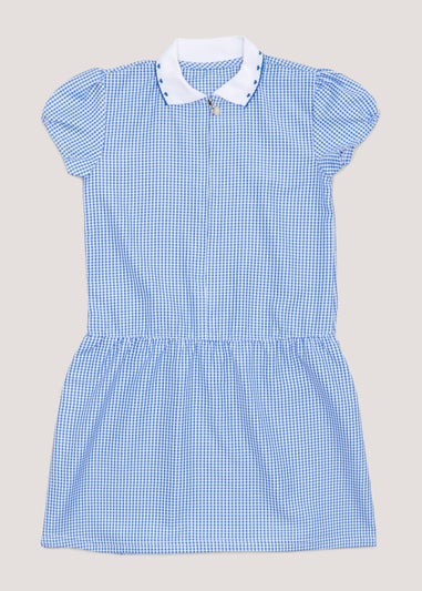 Girls Blue Generous Fit Knitted Collar Gingham School Dress (3-14yrs)
