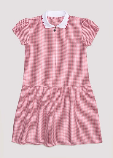Girls Red Generous Fit Knitted Collar Gingham School Dress (3-14yrs)