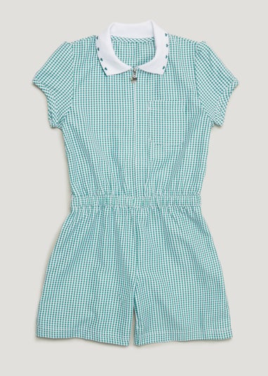 Girls Green Gingham School Playsuit (3-13yrs)