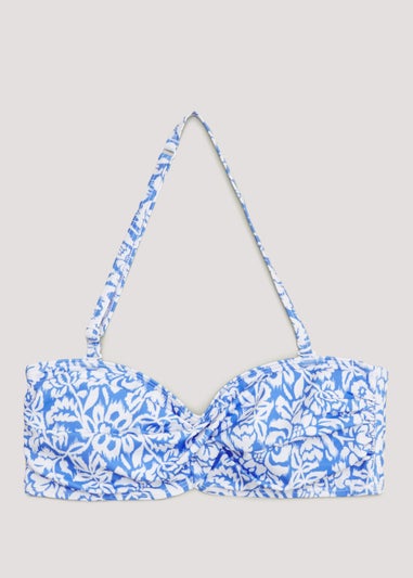 Blue Floral Twist Bandeau Bikini Top