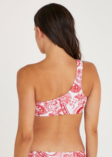 Red & White Paisley One Shoulder Bikini Top