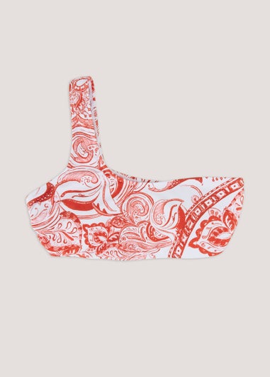 Red & White Paisley One Shoulder Bikini Top