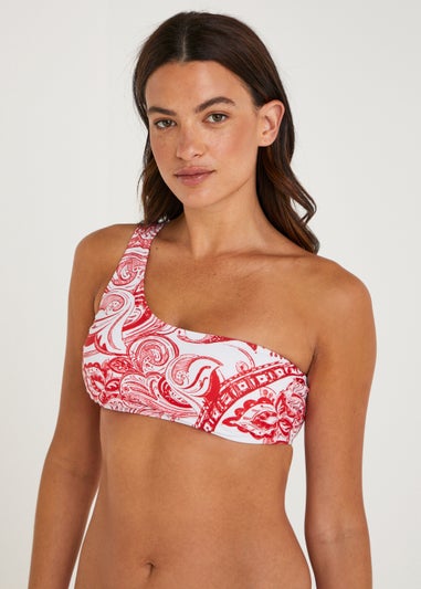 Red & White Paisley One Shoulder Bikini Top