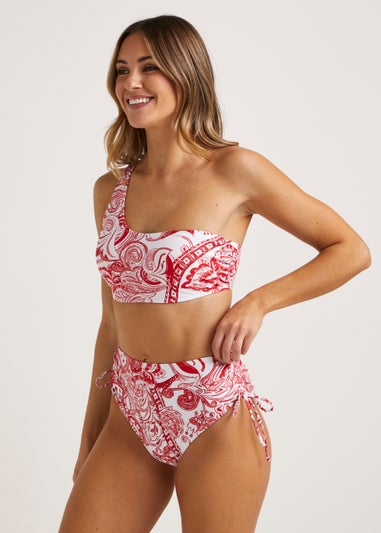 Red & White Paisley High Waisted Brazilian Bikini Bottoms