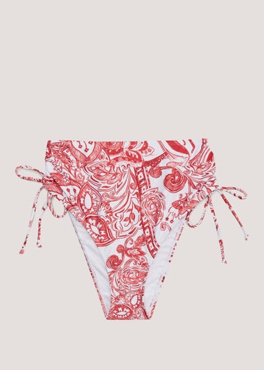 Red & White Paisley High Waisted Brazilian Bikini Bottoms