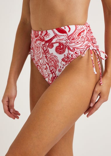 Red & White Paisley High Waisted Brazilian Bikini Bottoms