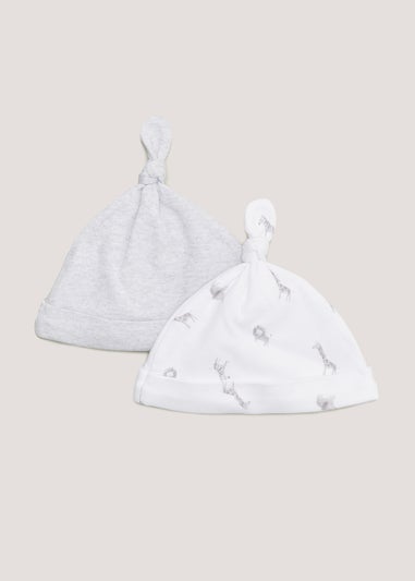 2 Pack White & Grey Safari Animal Baby Hats (Newborn-6mths) - Matalan