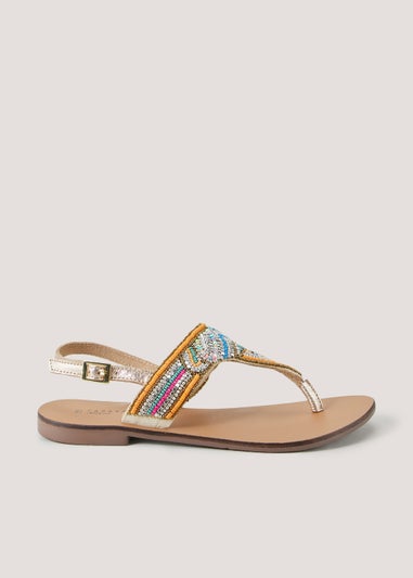 Beige Wide Fit Leather Flip Flops