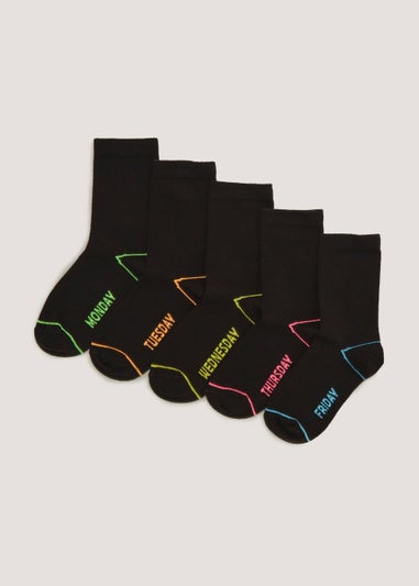 Kids 5 Pack Black Days of the Week Ankle Socks (Younger 6-Older 6.5)