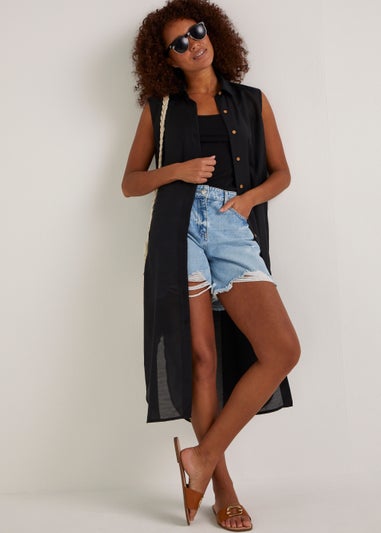 Black Sleeveless Maxi Beach Shirt