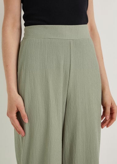 Khaki Textured Cropped Trousers