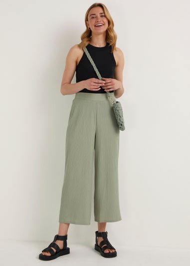 Khaki Textured Cropped Trousers