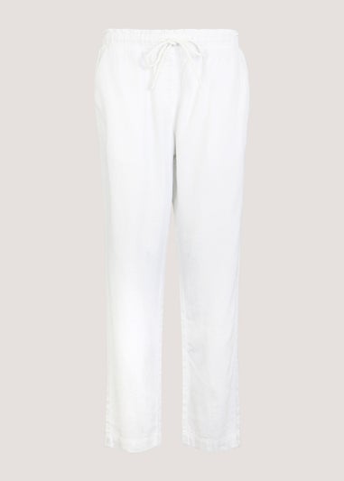 White Linen Blend Tapered Trousers