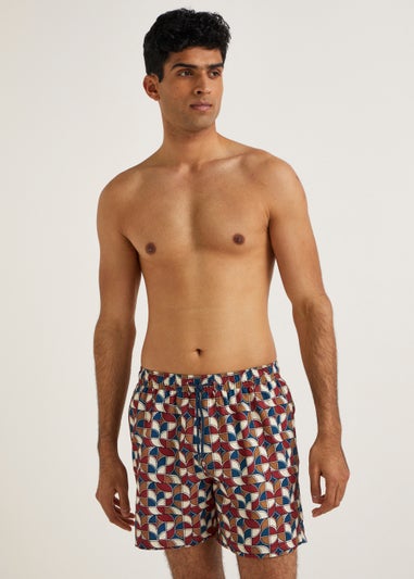 Red Geometric Print Swim Shorts