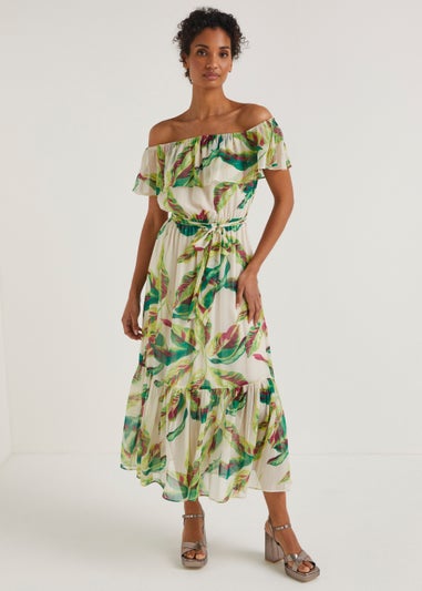 Et Vous Ivory Leaf Print Bardot Maxi Dress