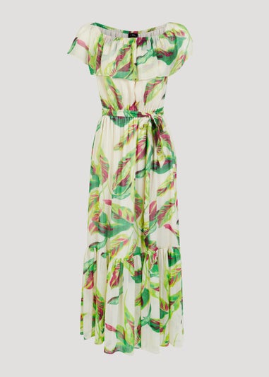 Et Vous Ivory Leaf Print Bardot Maxi Dress