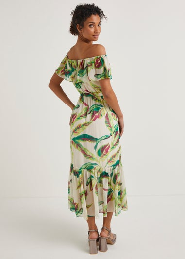 Et Vous Ivory Leaf Print Bardot Maxi Dress