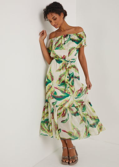 Et Vous Ivory Leaf Print Bardot Maxi Dress