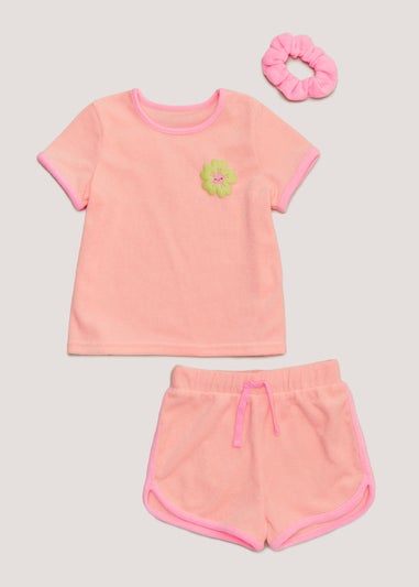 Girls Orange Towelling Top Shorts & Scrunchie Set (9mths-6yrs)