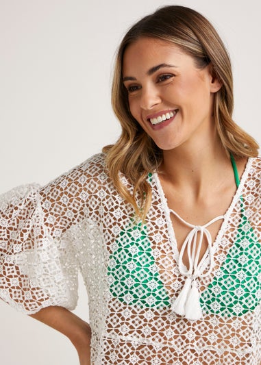 Cream Short Crochet Look Kimono