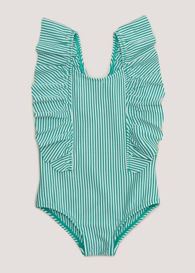 Girls Mini Me Green Stripe Frill Swimming Costume (3mths-6yrs)