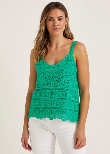 Green Lined Lace Crochet Cami Top