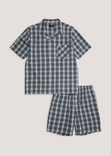Navy Check Woven Button Up Short Pyjama Set