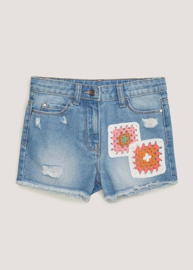 Girls Mid Wash Crochet Patch Denim Shorts (4-13yrs)