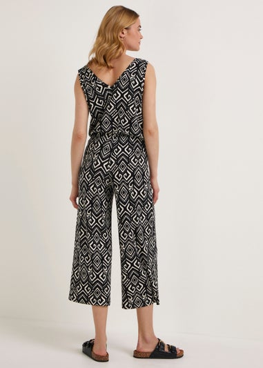 Black Tribal Print Wide Leg Cropped Trousers