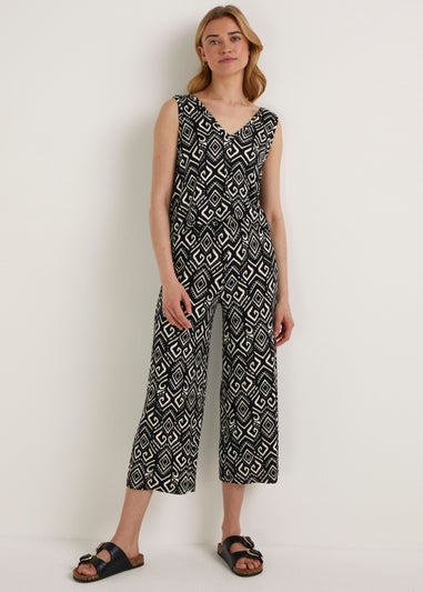 Black Tribal Print Wide Leg Cropped Trousers